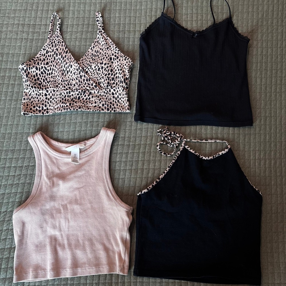 Brandy Melville H&M GU Neutral Tank Top Bundle Leopard Ribbed Cami Crop Tops 4pc